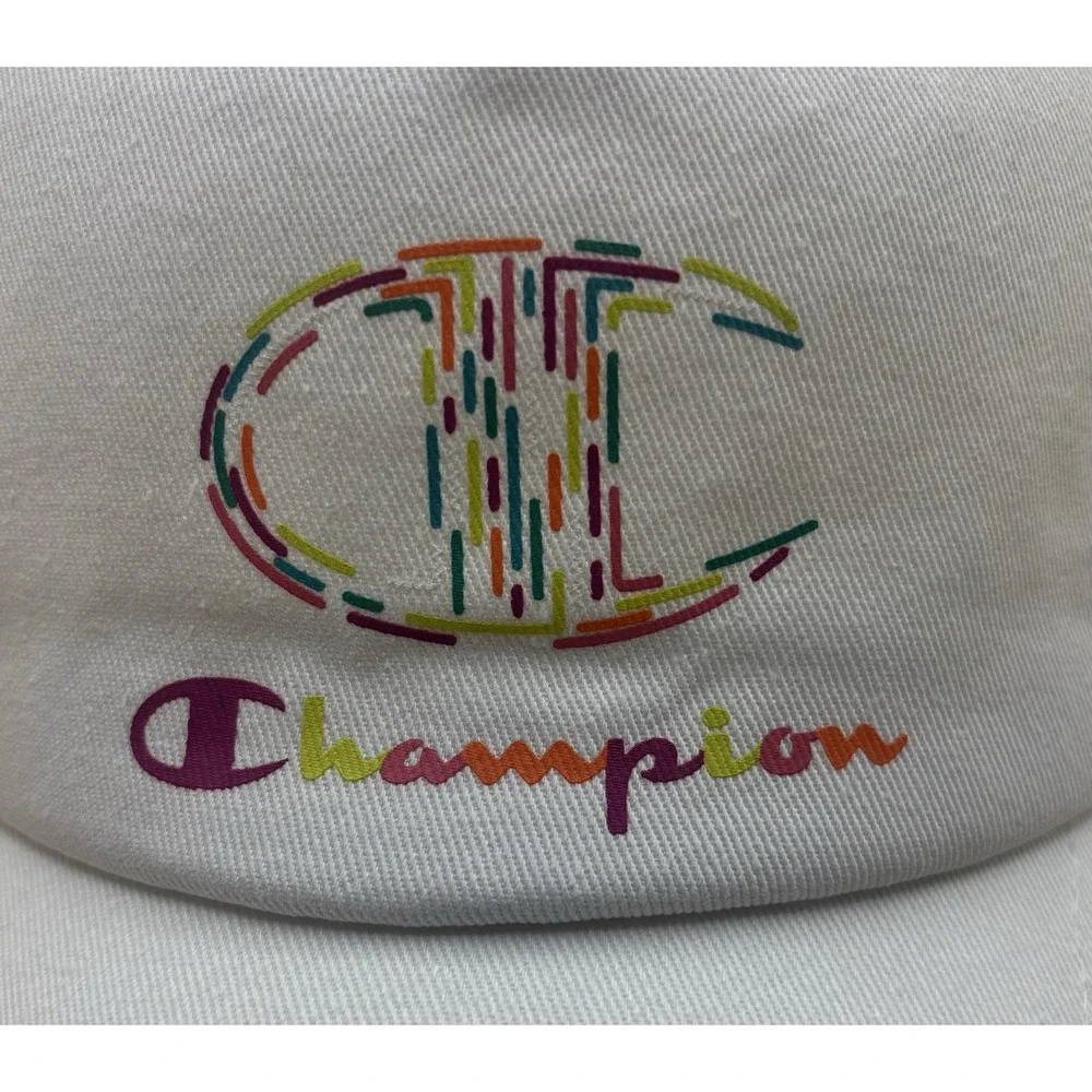 Champion‎ Womens OS Twill Baseball Cap White Rainbow Script Logo